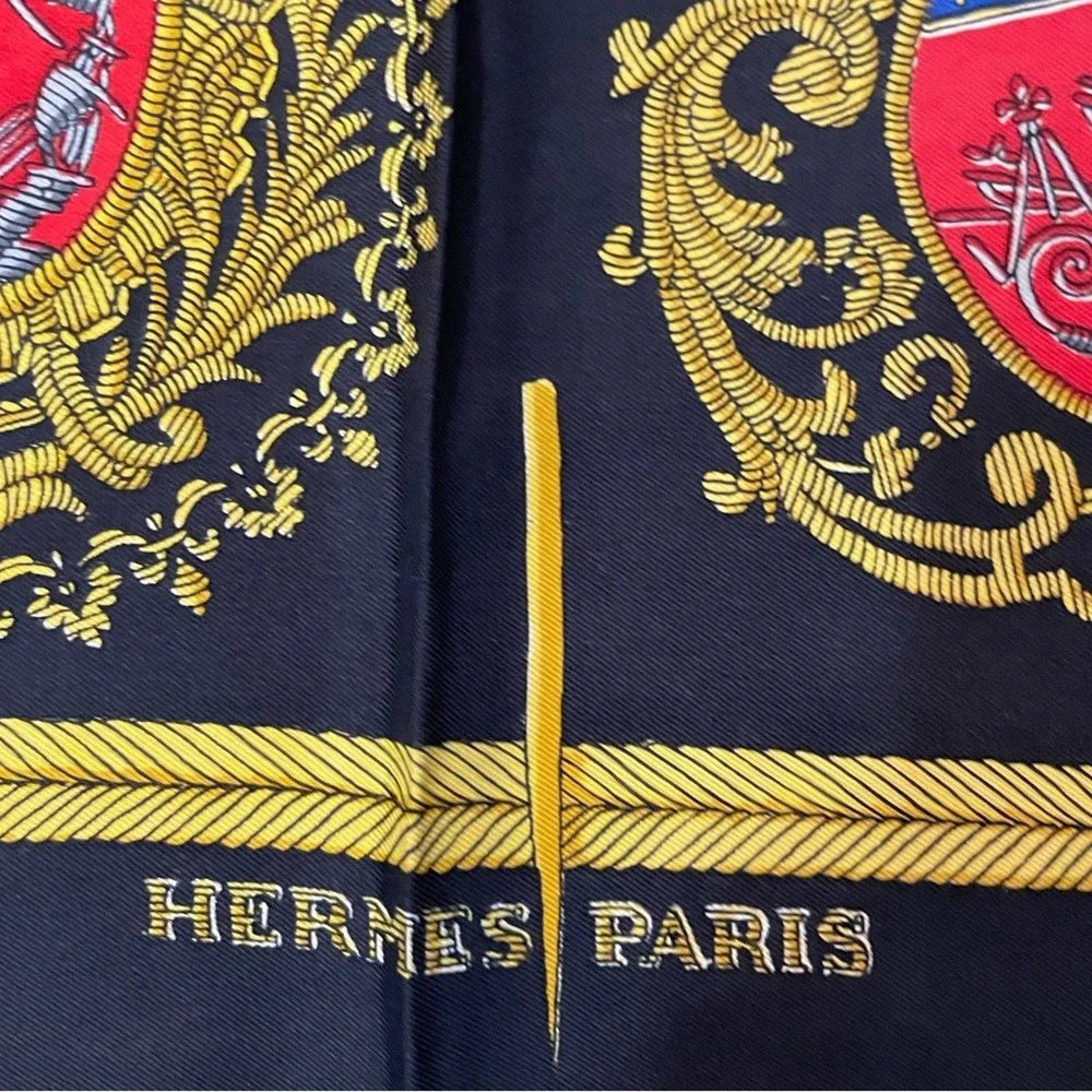 Hermes Les Armes de Paris Silk Scarf Womens Black Gold Coat of Arms Authentic